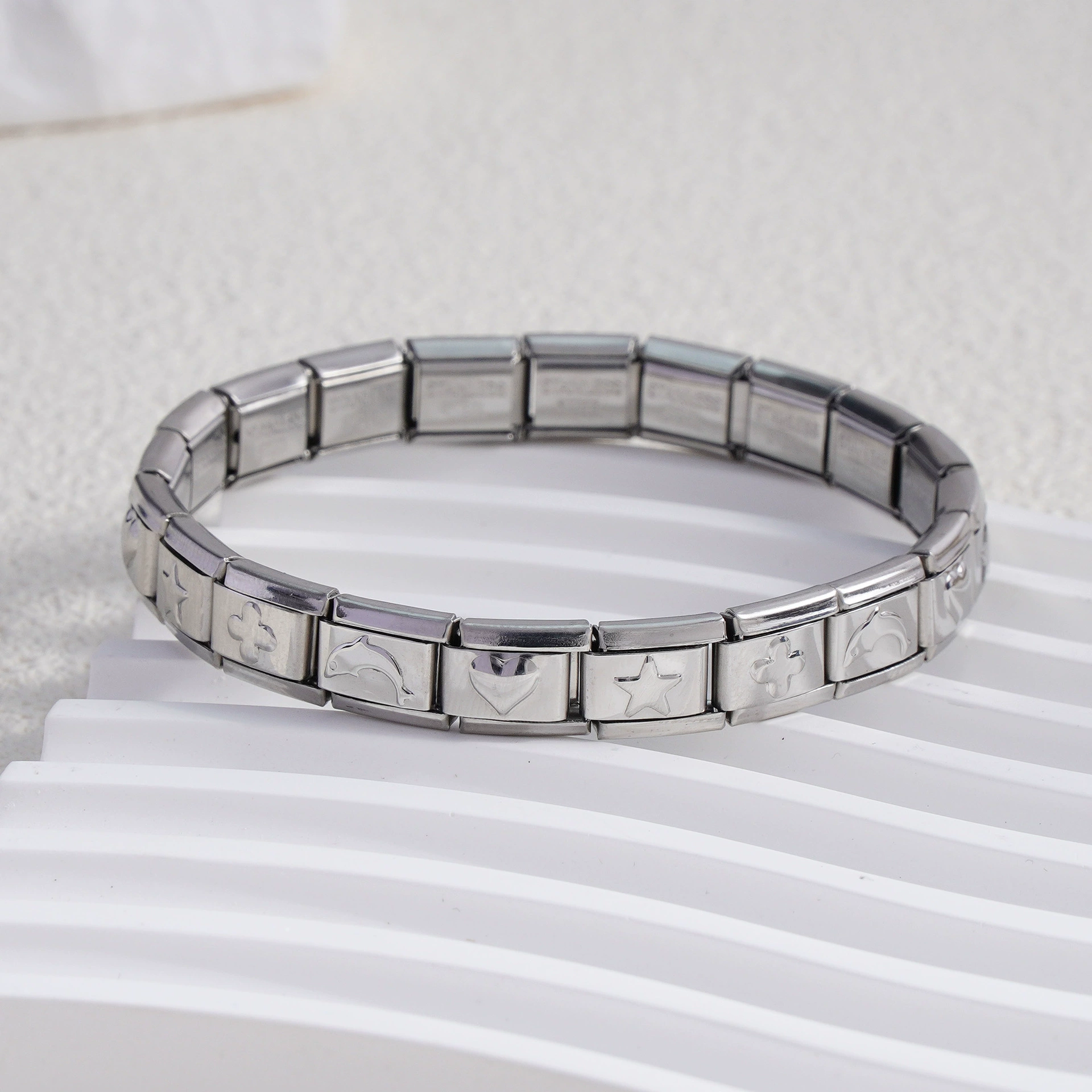stainless steel bracelet, removable elastic link watch strap, italian european style, assorted charms