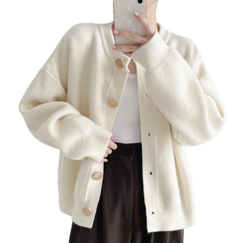 Women's Loose Crew Neck Knit Cardigan Sweater with Minimalist Design, 2025 Autumn/Winter Fashion, Casual and Relaxed Style, Solid Color Round Neck Top