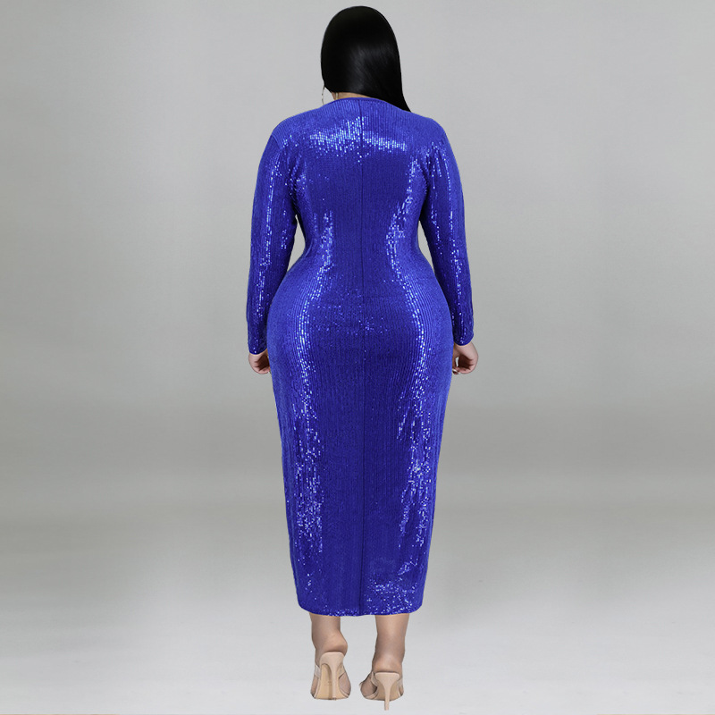 Plus size fluweel bodycon midi jurk met pailletten en v-hals voor dames_voghion.com