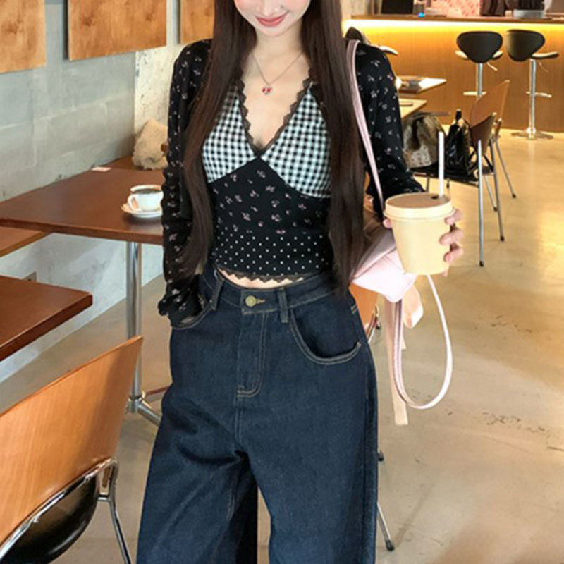 黒キャミソールレディース春新作インナーレースホットガールセクシーなVネックショートノースリーブトップ2点セット|undefined