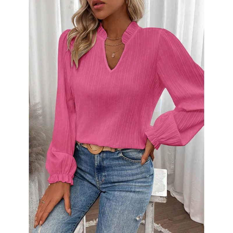 Cross-border Amazon European and American style, elegant and alluring V-neck long-sleeved shirt, 2026 autumn new collection, fashionable top with ruffled trim