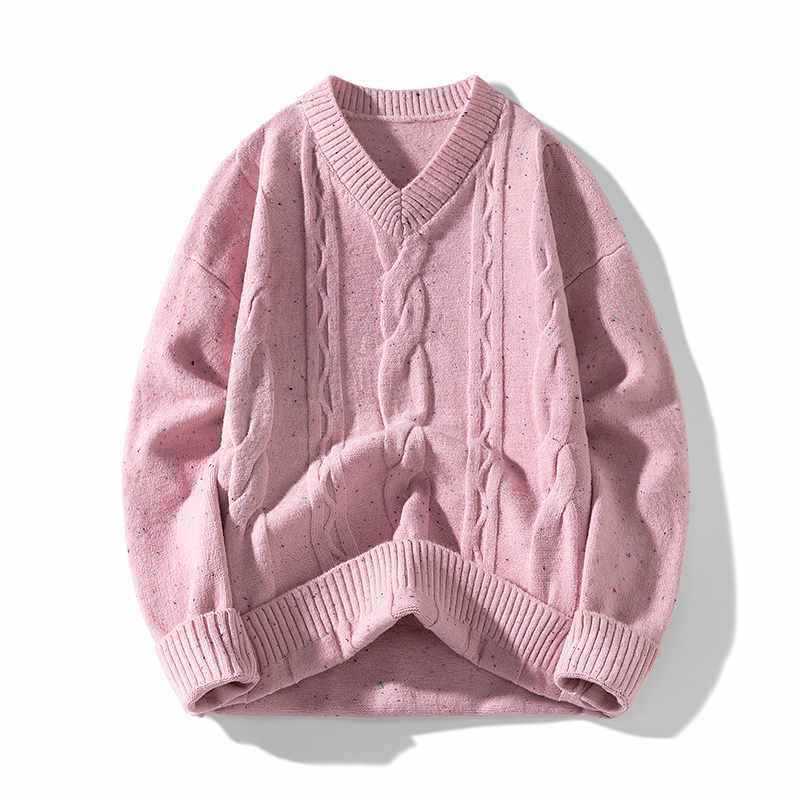 V-Neck Cable Knit Sweater Pullover Autumn Winter Top Men Retro Off-White Black Pink