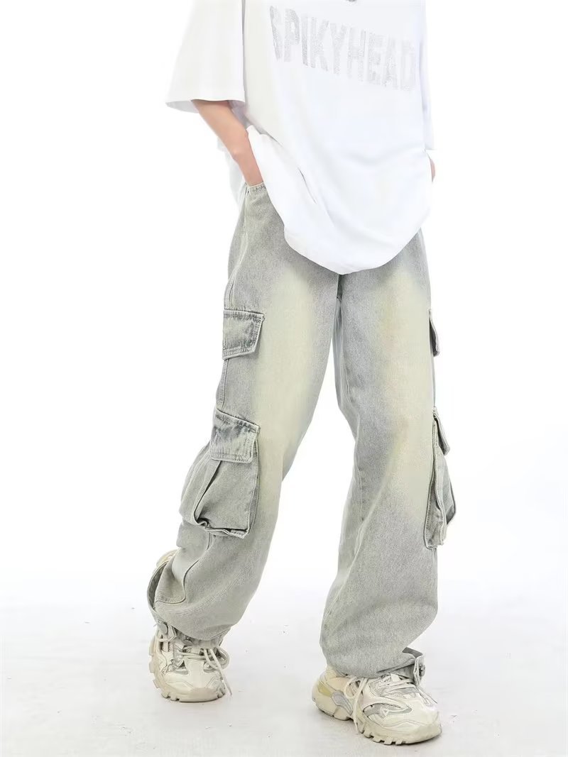 Jeans cargo multitasche stile retrò americano da uomo, pantaloni lunghi lavati vintage, stile streetwear pesante_voghion.com