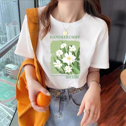 Trendy Printed Pure Cotton T-Shirt for Women - Spring and Summer Casual Brand Round Neck Loose Fitted Short Sleeve Top Wholesale