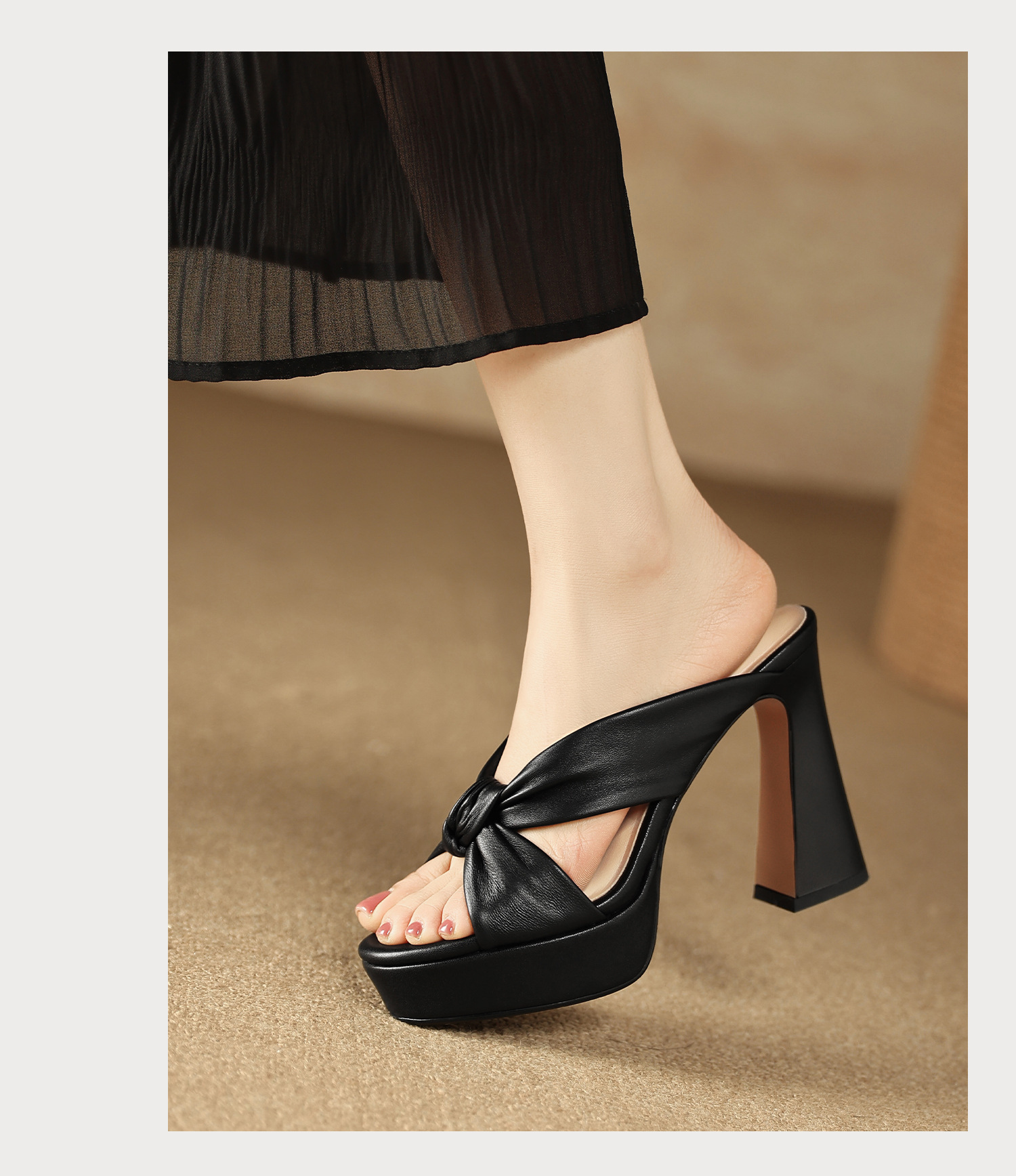 Sandal cao gót nữ mũi hở da cừu mềm, đế xuồng platform, gót vuông 8-10cm, nơ bướm — Hồng 8cm, Xanh da trời 10cm, Hồng 10cm, Trắng kem 8cm chi tiết 19