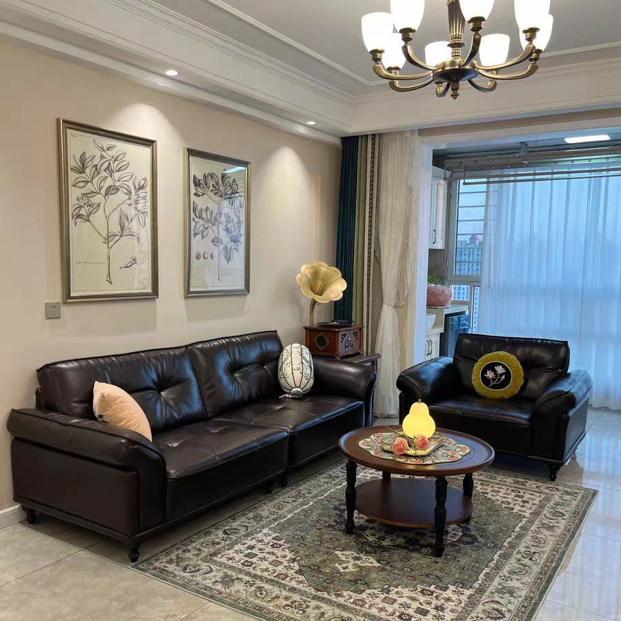 American-Style Genuine Leather Retro Sofa for Living Room, Straight-Line Toast Sofa, Suitable for Various Sizes, French Vintage Sofa, Villa Sofa