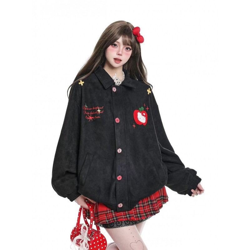 Korean Sweet Style American Retro Suede Apple Towel Embroidered Jacket Women's Autum Jacket Niche Loose Top