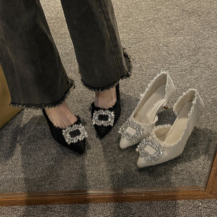 High Heels Women's 2025 Summer New Niche Design French Pointed Toe Shoes Stiletto Heel Small Fragrant Style Rhinestone Shoes