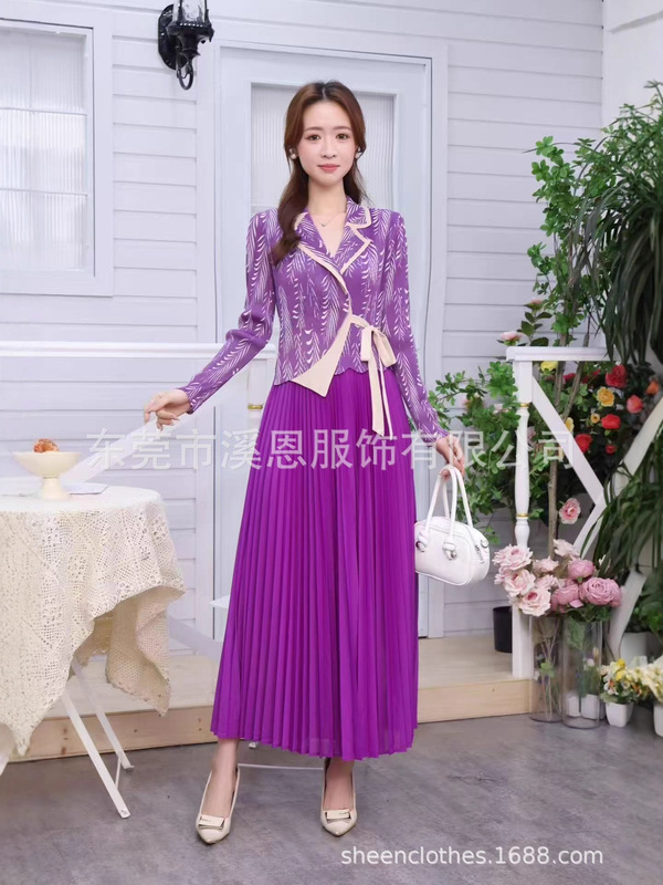 Miyaki新款轻奢西装领长袖气质绑带假两件大码褶皱连衣裙显瘦跨境|undefined