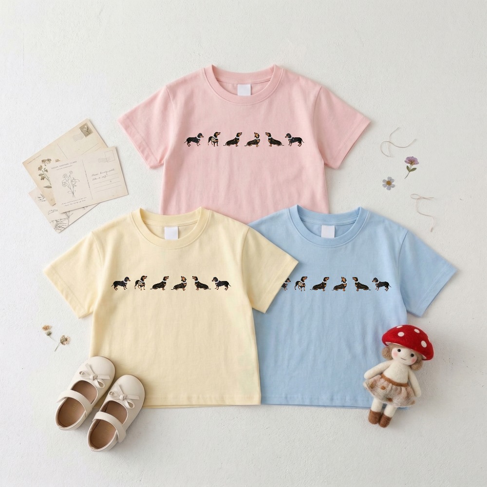 Children's Dachshund Dog Row Print Cotton Short Sleeve T-Shirt 2026 Summer Boys and Girls Casual Top Cross-Border