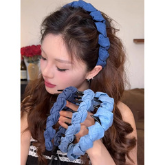 甘くてクールなデニムブルーバブルクラウド歯コームヘッドバンド女性用ふわふわハイヘッドトップリバーシブルヘッドバンド雰囲気ヘアアクセサリー