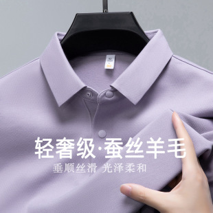 Foreign Trade Silk Wool Men's T-shirt 2024 Spring and Autumn Light Luxury Sanding Interior Constant Temperature Warm All-match PoIo Shirt for Men