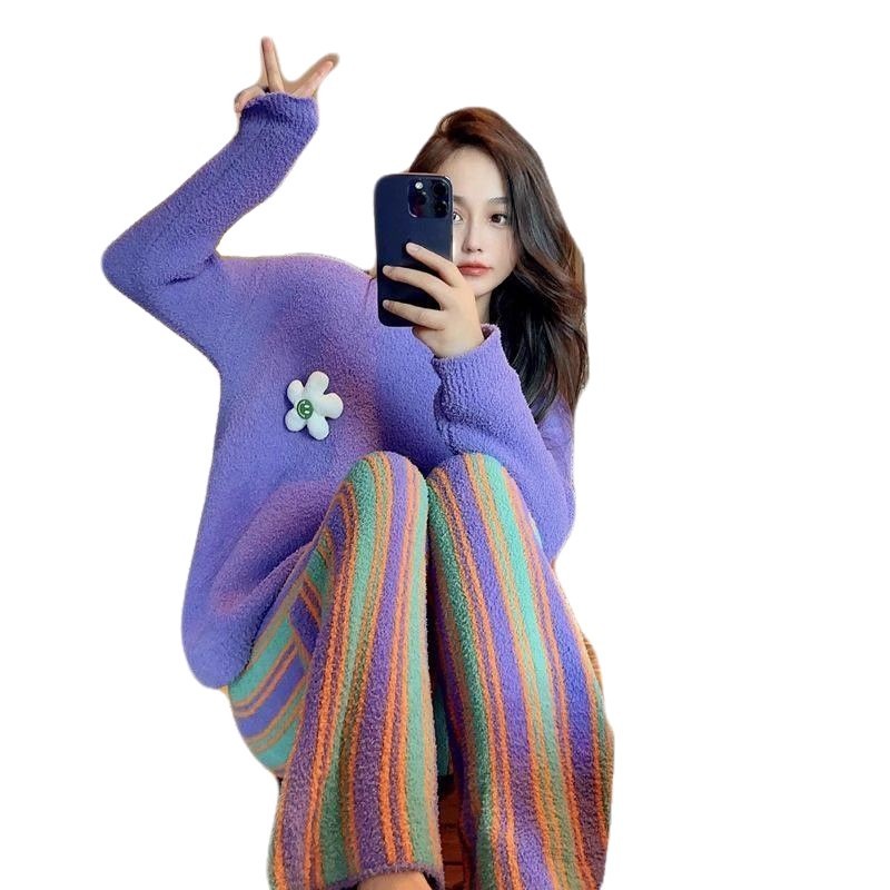 秋冬季珊瑚绒圆领长袖睡衣女加绒加厚网红同款家居服套装ins|undefined