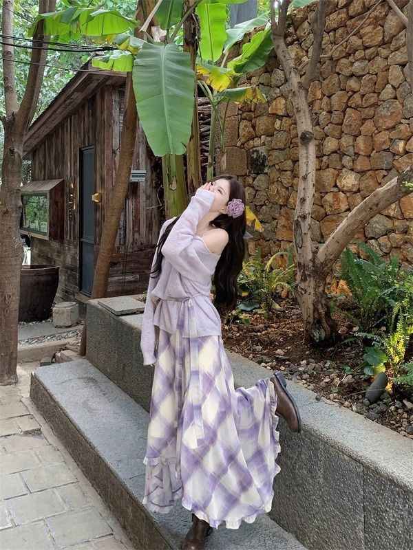 早秋氛围感云南大理丽江川西旅游穿搭紫色系不规则吊带连衣裙子女|undefined