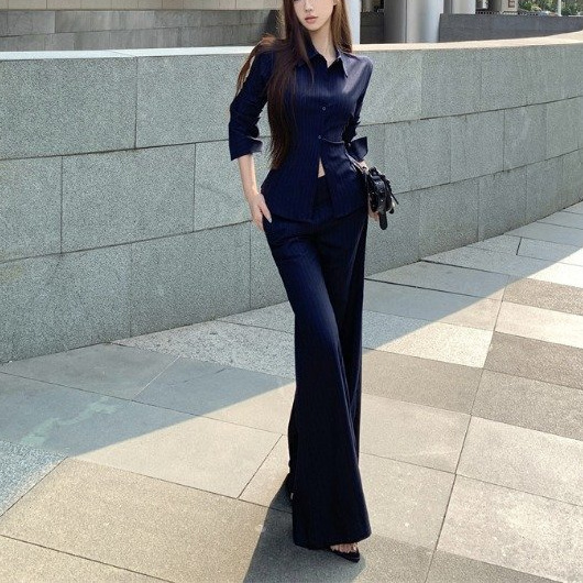 御姐高级感套装气质polo领长袖条纹衬衫女秋季微喇叭休闲裤两件套|undefined