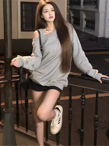 Lazy Style Grey Slanted Collar Off-the-Shoulder Long Sleeve Sweatshirt for Women Spring and Autumn Thin Version Loose and Slimming Casual Versatile No-Hat Top