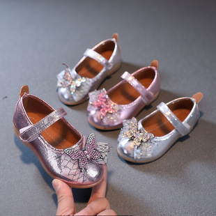 Girls' Princess Shoes, Spring and Autumn Leather Shoes for Girls, Children's Shoes, Bowknot Single Shoes, Summer Magic Tape Princess Style