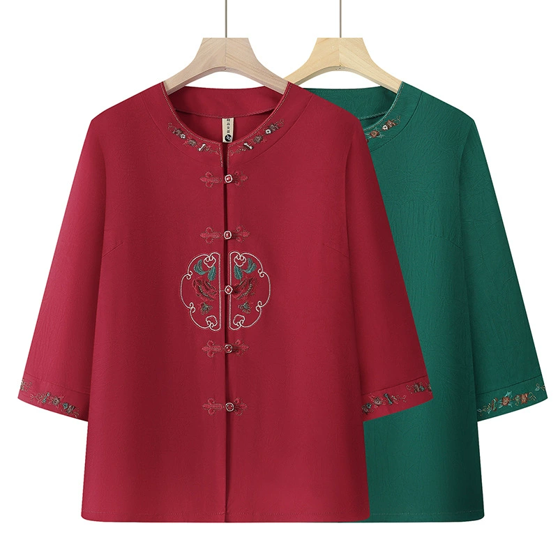 Summer shirt with a round collar, for middle age, plus size, loose fit, Chinese style