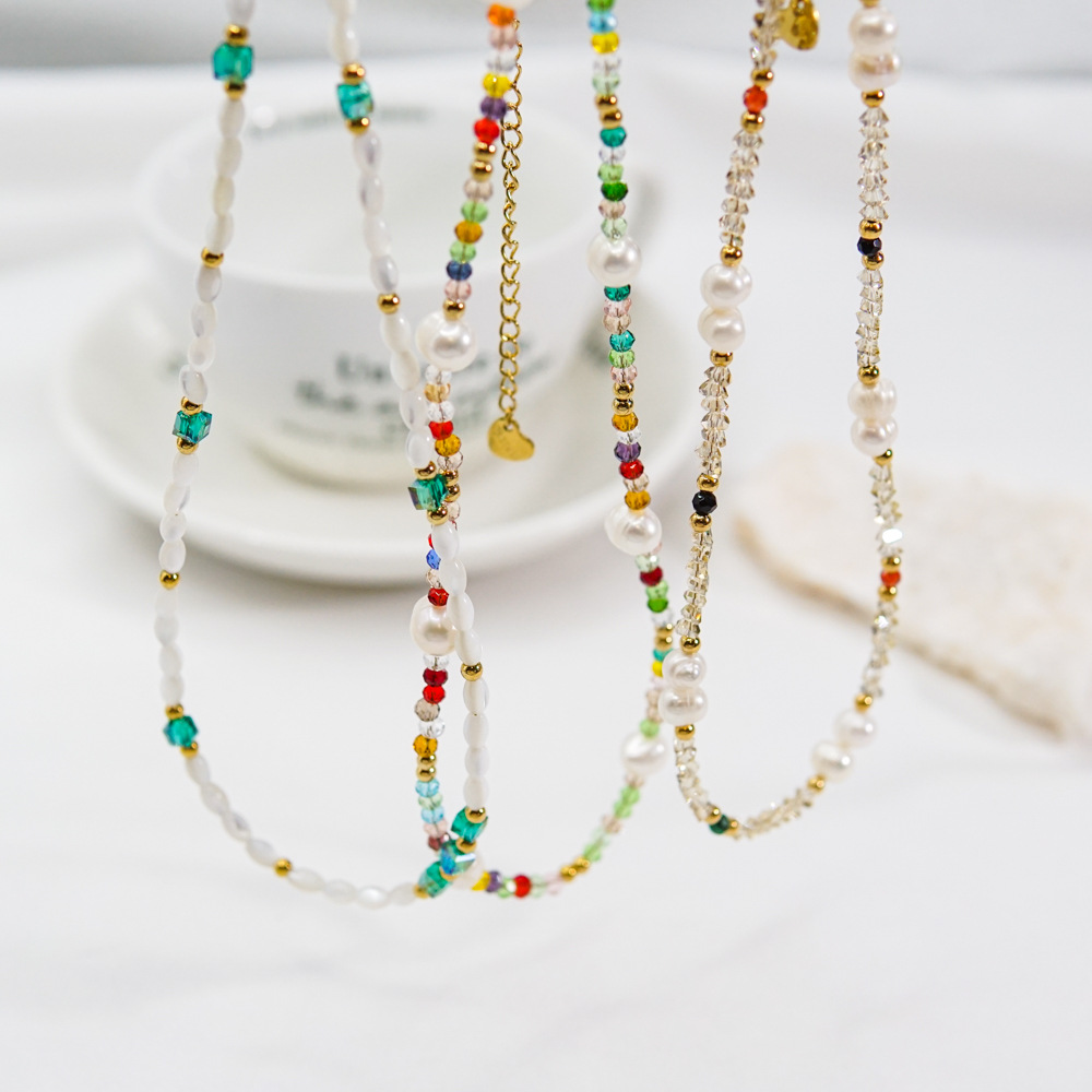Casual Simple Style Round Multicolor Stainless Steel Natural Stone Freshwater Pearl Beaded Plating Necklace display picture 1