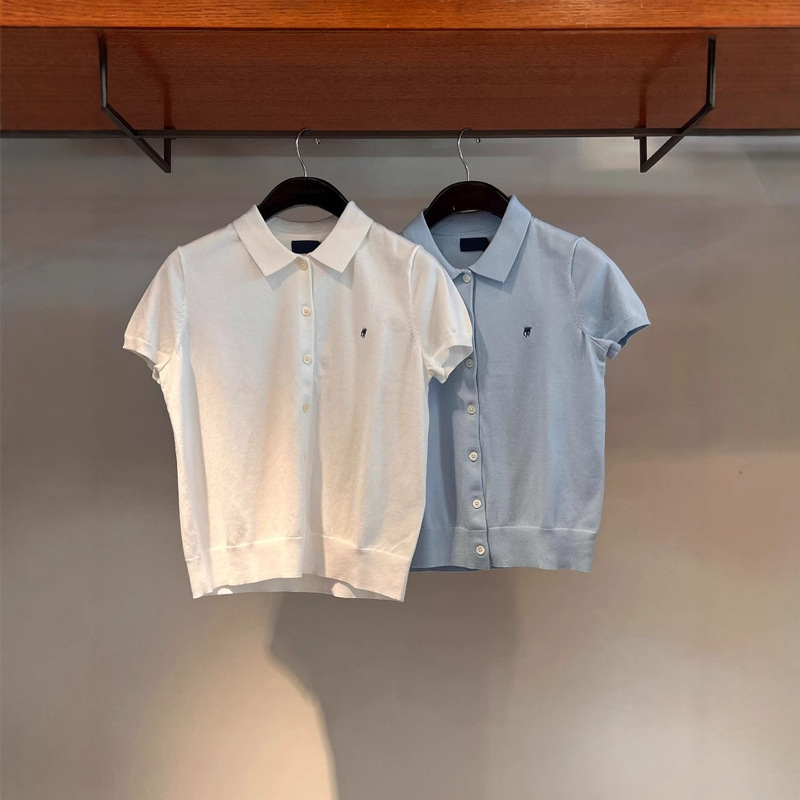 Rl Laff Pony Logo Pure Cotton Knitwear Polo Collar Embroidered Cardigan Women's T-Shirt Knitwear Slimming Short Sleeve