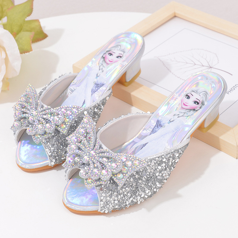 Summer Children's Slippers for Girls, Elsa Princess Shoes, Crystal Shoes, Fashionable Rhinestone Butterfly Girls' Slippers, Elsa