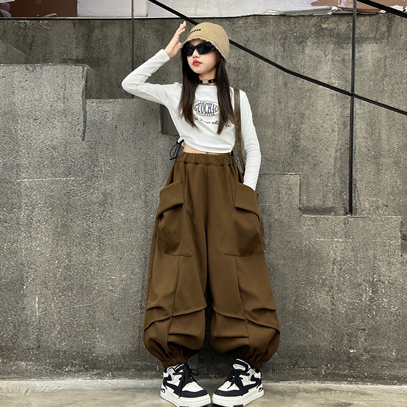 소녀 가을 패션 쿨 할란 바지 큰 아이들을위한 세련된 패션 느슨한 블루머스 어린이 거리 댄스 바지 공연 옷