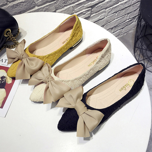 Women's New Beaded Shoes 2024 Spring Pointed-Toe Spring and Autumn Versatile Flat Shoes with Bow Knot Flat Flat-Sole Women's Shoes