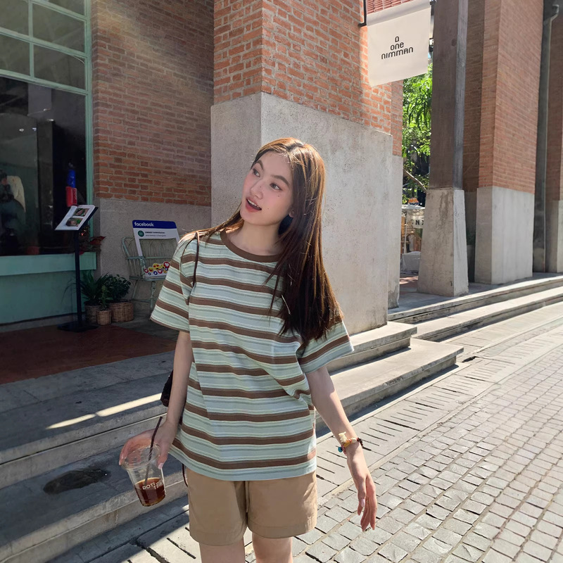Hello Kanon Color-Block Striped Short-Sleeve T-Shirt for Women, Spring/Summer 2025 New Style, Loose Fit, Slimming, Petite Round-Neck Top