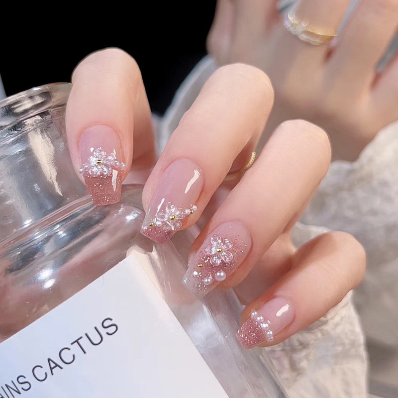 Pink Pearl Flower Detachable Wearable Nail Tips, Pure White-Enhancing Fake Nails, Finished Nail Art Patches, Dazzling White-Enhancing