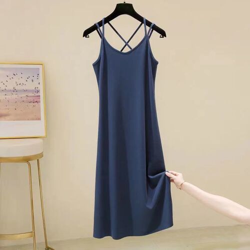 Loose Plus Size Summer New Strappy Ice Silk Dress for Women, Long-Sleeve Solid Color Simple Slimming Fashion Strap Dress
