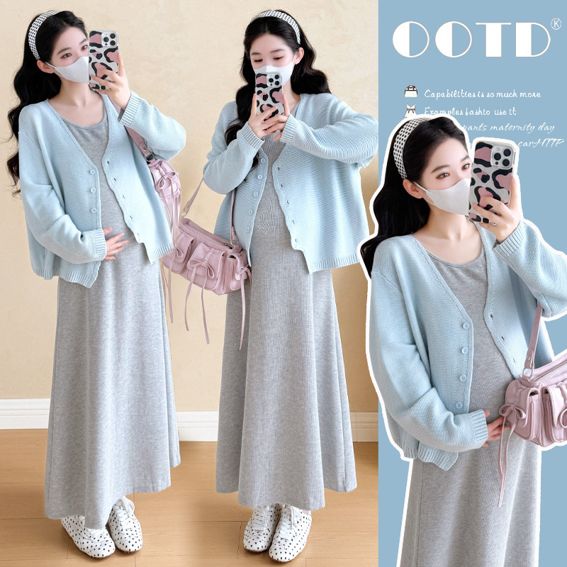 Real Stock Shot~Maternity Wear, Lazy Style Suit, Spring & Fall Fashionable Cardigan Top, Vest and Skirt Two-Piece Set