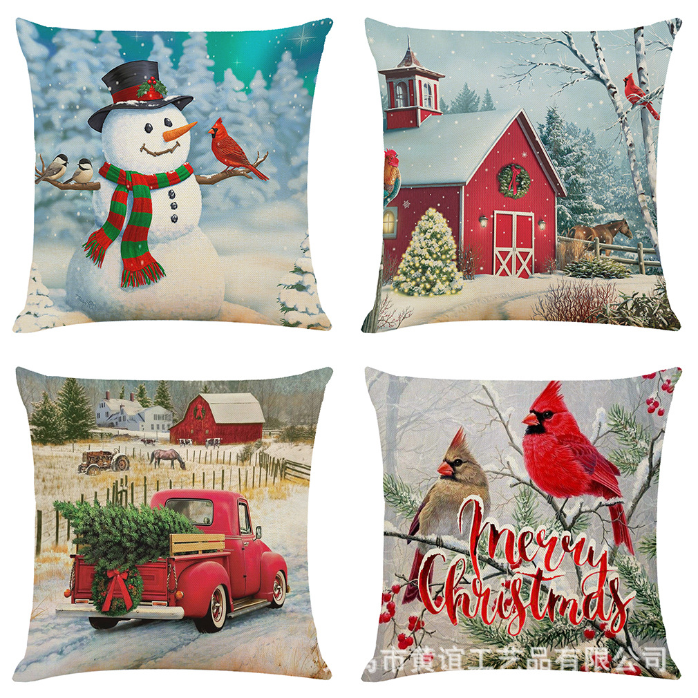 亚马逊 eBay 跨境热销新款圣诞节棉麻抱枕套圣诞老人雪人抱枕靠垫