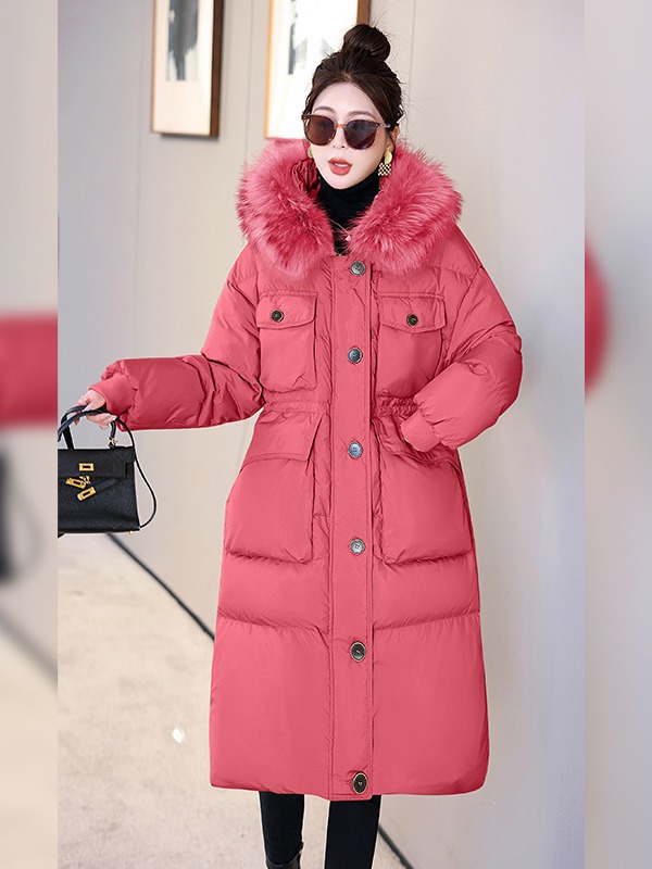Winter raccoon fur collar white duck down over the knee hooded multi-pocket long fashion Korean down jacket HR196