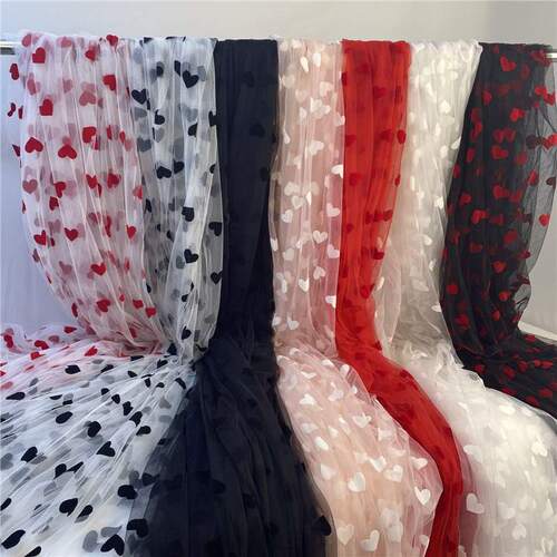 Love flocking flower mesh fabric lace dress dress skirt transparent soft gauze skirt high-end skirt lace accessories