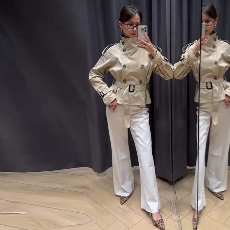 European and American Cross-Border 2025 Spring Women's New Style Stand-Up Collar Short Windbreaker Elegant Commuter Double-Breasted Windbreaker