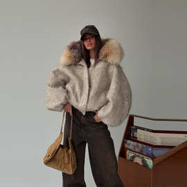 欧美2025冬季跨境爆款速卖通时尚休闲皮草大毛领夹棉服外套夹克