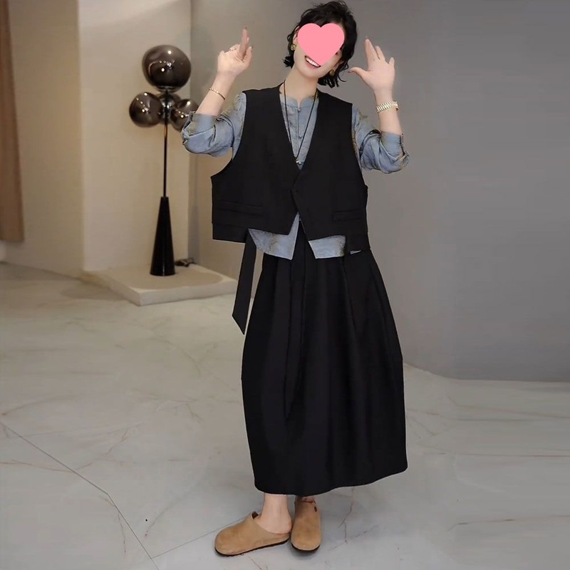 中式减龄套装女秋装新中式单排扣提花上衣+半身裙+飘带马甲三件套|undefined