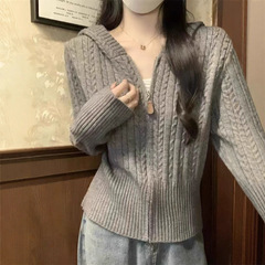 秋冬新款韩系麻花拉链连帽针织开衫毛衣女温柔风显瘦针织开衫上衣