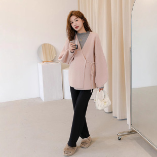 Autumn and Winter Pregnant Women's Sweater Coat Fashion Korean-style Pregnant Women's Wear Side Lace-up V-Neck Pregnant Women's Base Coat Trendy Mommy