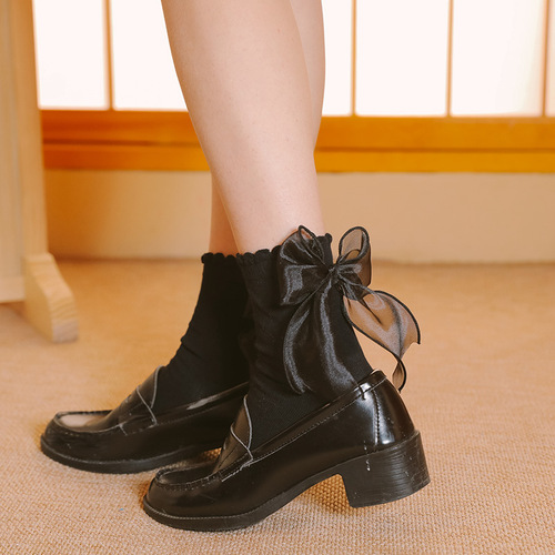 White socks female Lolita cute soft girl satin lace mid-calf long socks Lolita uniform JK bow