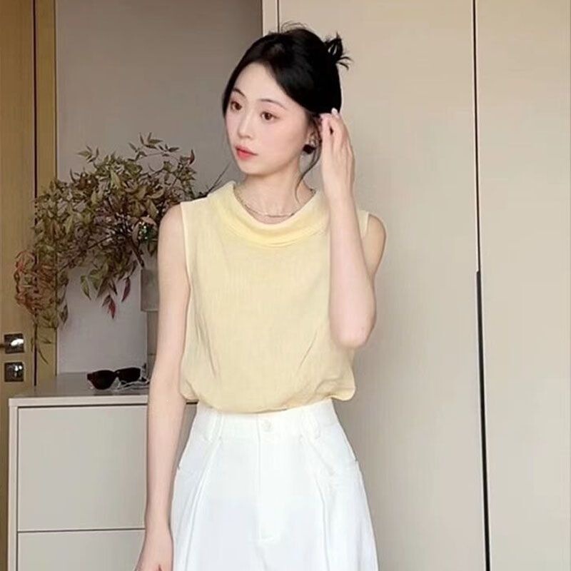 French-Style Retro Yellow Tank Top Shirt for Women, New Summer Design with Open Back and Sleeveless, Unique Design with a Draped Collar
