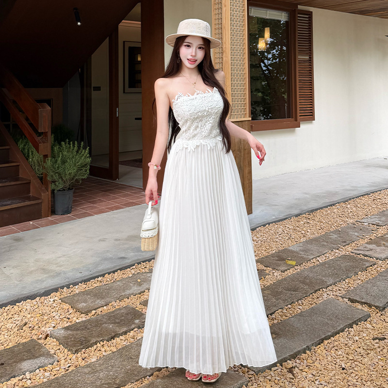 Aiyixuan Strapless Lace Patchwork Pleated Long Dress for Women, Strapless Bustier Waist-Cinching Full-Skirted Solid Color Long Dress