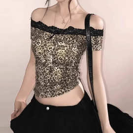 纯欲ins美式豹纹性感花边一字肩短款上衣女夏修身显瘦打底上衣女T