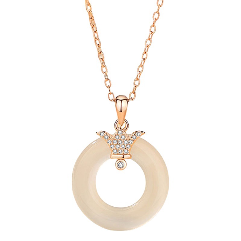 S925 plata Jade blanco hebilla de seguridad collar de la moda nacional de las mujeres nuevo chino corona collar diamante con incrustaciones de circón joyería al por mayor