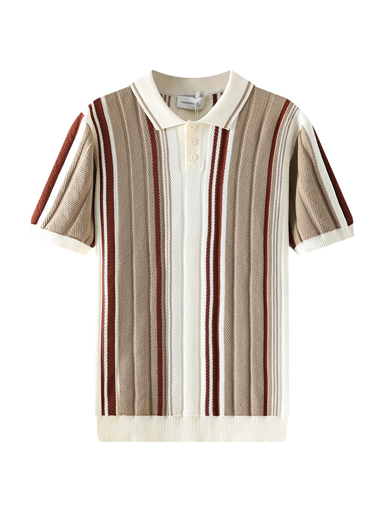 Hombres color contrastante rayas hielo jersey polo semia cremallera solapa manga corta negocios casual alta sensación chaqueta hombre