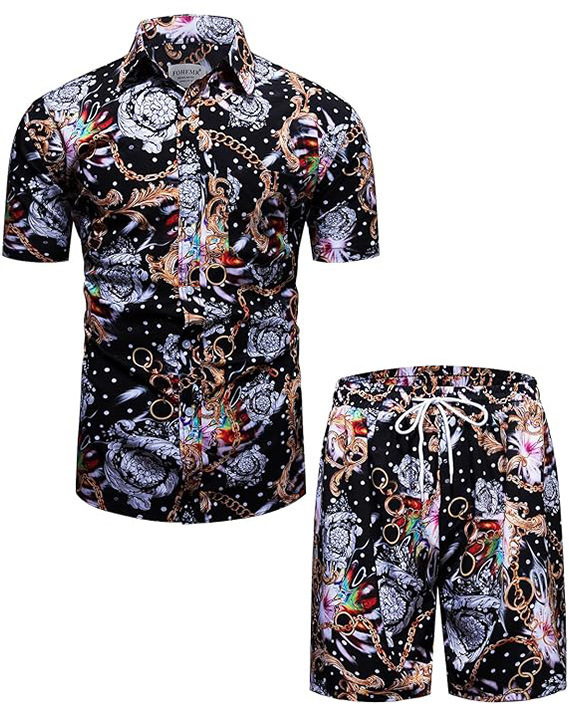男士豪华服装套装黑金衬衫和短裤 2 件套运动服套装巴洛克纽扣西|undefined