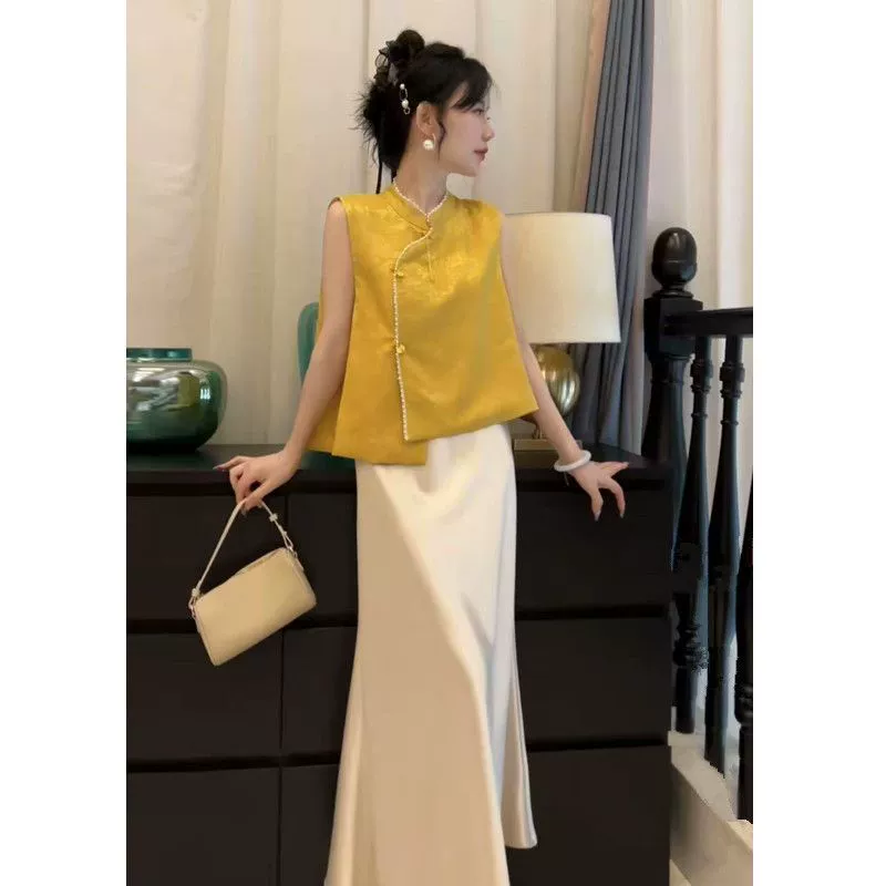 Высококачественный стильный новый китайский костюм для женщин, летний новый жаккардовый топ без рукавов и атласная юбка, комплект из двух предметов