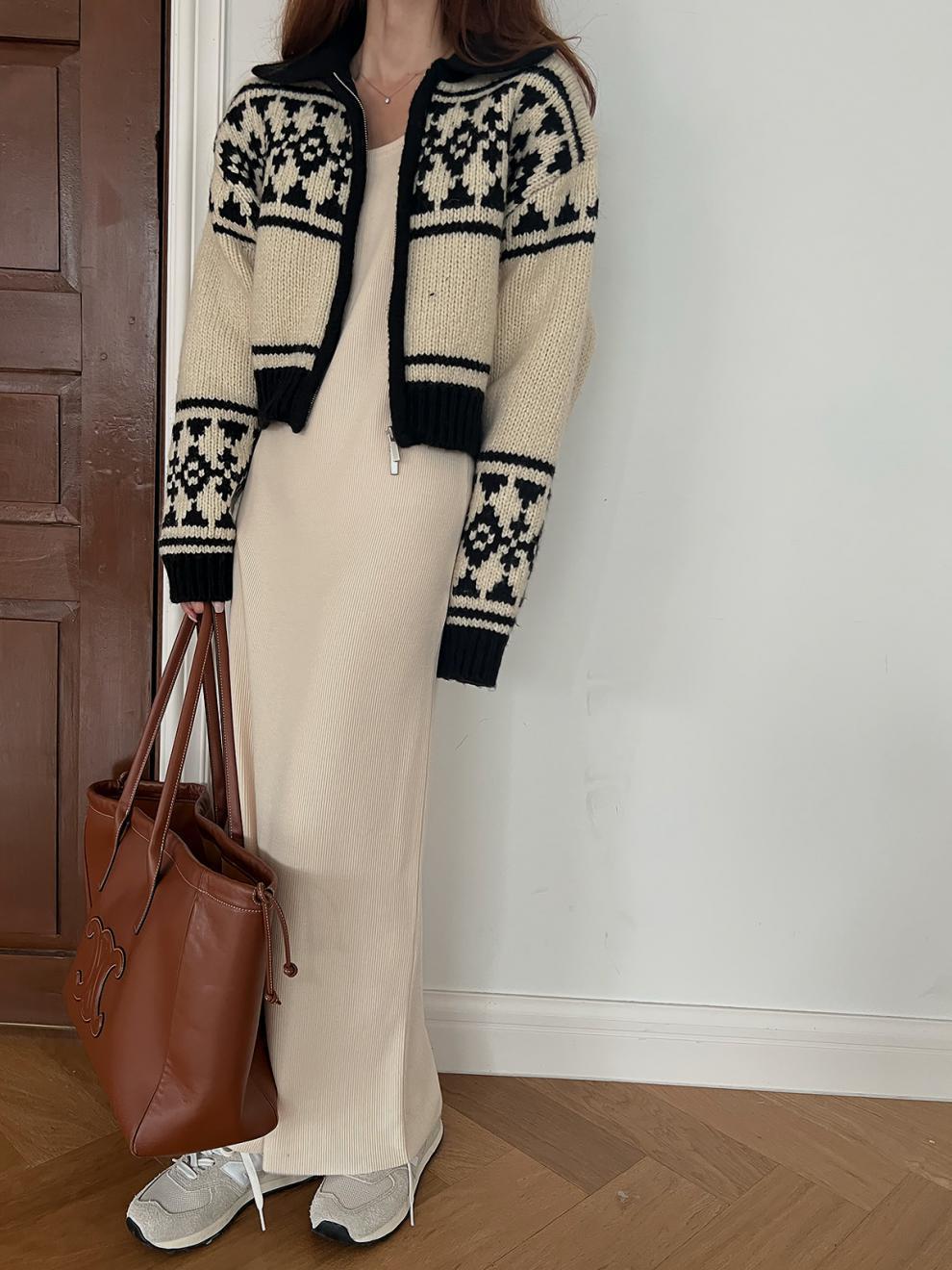 Suéter jacquard con cremallera de contraste de color para mujeres de Corea del Sur Dongdamen otoño y invierno nuevo estilo casual abrigo corto de viento para la moda image 6