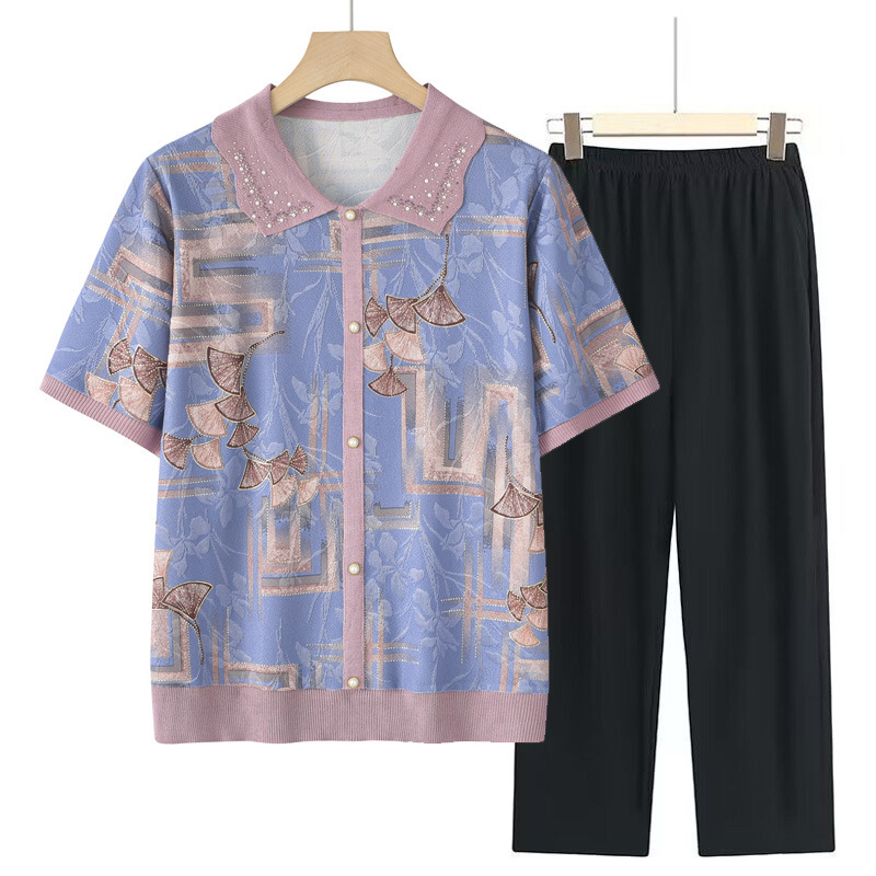 Middle-aged and elderly women's summer printed knitted lapel grandma short-sleeved T-shirt thin mother's loose small shirt set