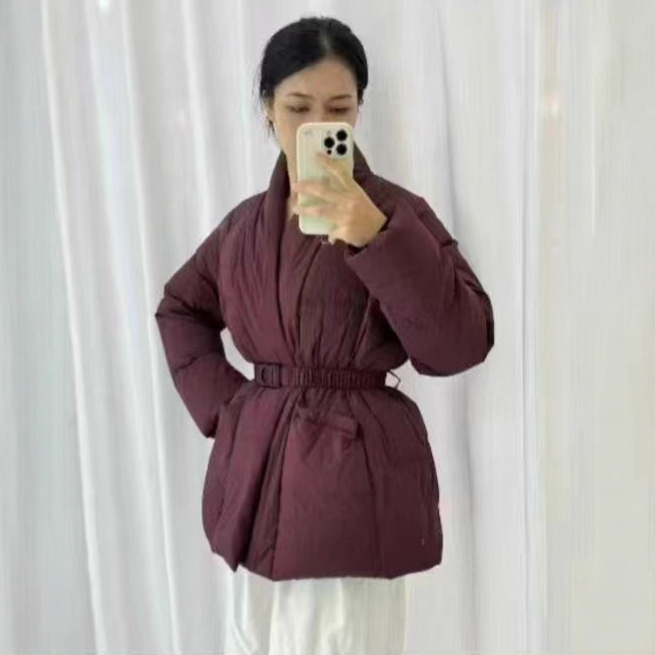 冬季新款中长款羽绒服女V领收腰系带显瘦宽松个性白鸭绒保暖外套|undefined